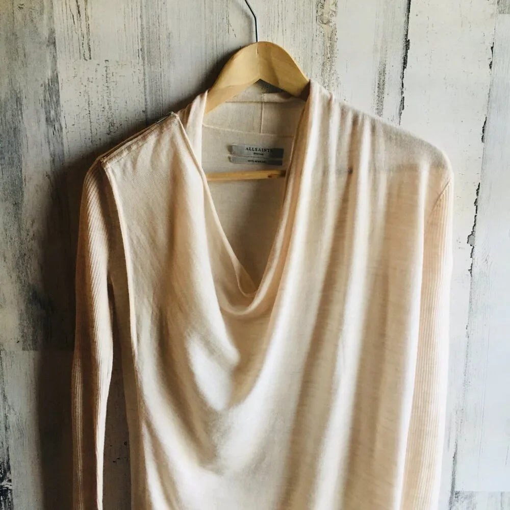 NWOT All Saints Drina Merino Wool Cardigan Asymmetrical Ribbed Sleeves S - Picture 3 of 16